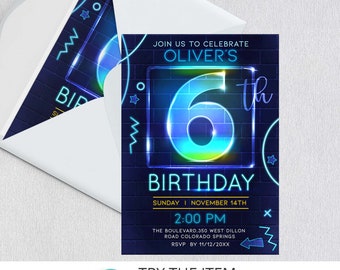 Neon Birthday Invitation Template Boy 6th Birthday Neon Glow Party Invite Digital NP6