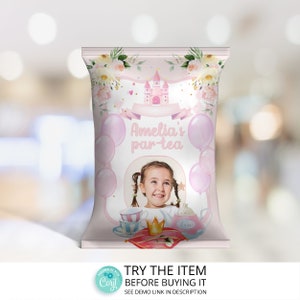 Personalized Chip Bag Template with a Photo for a Princess Tea Party Instant Download Tea Party Favor Chip Bag T3