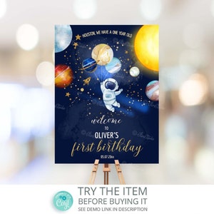 Editable Outer Space Birthday Welcome Sign | Baby's 1st Birthday Space | First Trip Around the Sun Sign | Blue Gold Galaxy Birthday 840