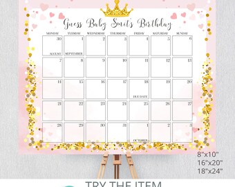 Errate Fälligkeitsdatum | Baby Mädchen Stichtag Kalender | Errate das Fälligkeitsdatum Kalender Vorlage | Rosa Gold Kleine Prinzessin Babyparty Spiele / 573