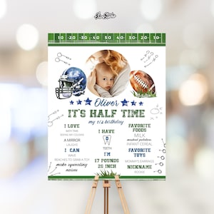 May include: A personalised half-birthday sign with a football theme. The sign features a baby's photo, a football helmet, and a football. Text includes the baby's name, "It's Half Time," and stats: 7.7 kg, 66 cm.