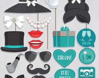 May include: A set of 12 teal, black, and white photo booth props for a wedding or engagement party. The props include a top hat, sunglasses, a pipe, a mustache, a bow tie, a heart with the text "Cheers!" a speech bubble with the text "Still Single", a gift box, a speech bubble with the text "Cheers" and two champagne glasses, a ring with the text "I Do", a camera with the text "#Selfie", and two lips.