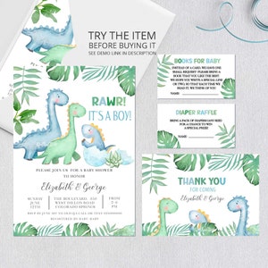 Può includere: Un invito a un baby shower con un tema di dinosauro verde e blu. L'invito include il testo "RAWR! È un maschio!" e i dettagli dell'evento, tra cui la data, l'ora e il luogo. L'invito include anche un biglietto di ringraziamento con il testo "Grazie per essere venuti Elizabeth & George".