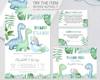 May include: A baby shower invitation featuring a green and blue dinosaur theme. The invitation includes the text "RAWR! It's a Boy!" and details for the event, including the date, time, and location. The invitation also includes a thank you card with the text "Thank You for Coming Elizabeth & George".