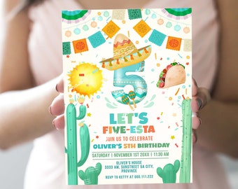 May include: A colorful invitation for a 5th birthday party with a fiesta theme. The invitation features a blue number 5 with a sombrero, a yellow sun, a green cactus, and a taco. The text on the invitation reads "Let's Five-Esta Join us to celebrate Oliver's 5th Birthday Saturday | November 1st 20XX | 11:30 AM Oliver's House 3333 AM, Sunstreet 5A City, Province RSVP to Ketty at 000.111.222"