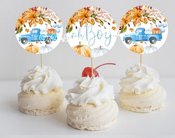 Oh Boy Kürbis Baby Shower Cupcake Toppers Kleiner Kürbis Baby Shower Boy Kuchendeckel Blauer Kürbis LKW Partydekorationen P284