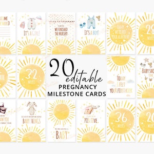 Cartões de marcos de gravidez editáveis, cartões de marcos de chá de bebê Sunshine para impressão Cartões de gravidez Little Sunshine Baby Expecting Cards S121