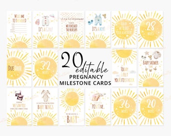 Tarjetas editables de hitos del embarazo, tarjetas imprimibles de hitos del embarazo para baby shower, tarjetas de Little Sunshine Baby Expecting S121