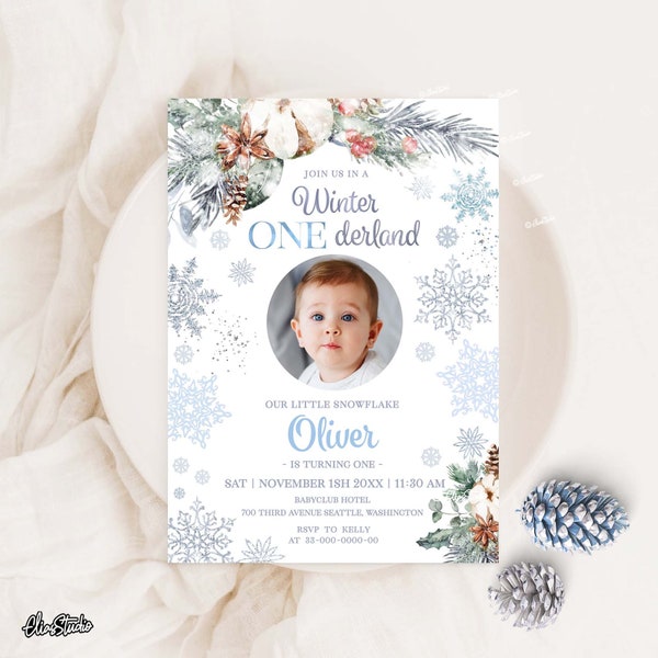 Winter Onederland Birthday Invitation With Photo Winter 1st Birthday Boy Invite Winter Birthday Party Invite Silver Snowflake Invite W327