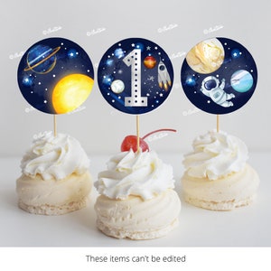 Planet Cupcake Toppers Silver Collection | First Trip Around the Sun 1st Birthday Cupcake Toppers | Galaxy Birthday Digital Template SP126