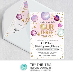 Editable Space Birthday Party Invitation Third Trip Around The Sun | 3rd birthday Girl Space Invitation Galaxy 3rd Birthday Invite SP357