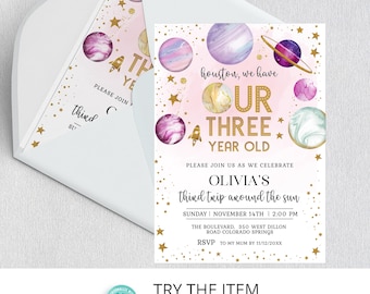 Editable Space Birthday Party Invitation Third Trip Around The Sun | 3rd birthday Girl Space Invitation Galaxy 3rd Birthday Invite SP357