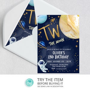 Editable Two the Moon Birthday Invitation | 2nd Birthday Space Party Invitation | Galaxy Birthday Second Birthday Invite SP109