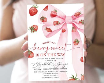 Strawberry Baby Shower Invite, Berry Sweet Baby Shower invitation, Bow Baby Shower, Pink Baby Shower SB45
