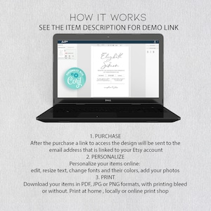 Op de afbeelding: Een laptopscherm waarop een huwelijksuitnodigingstemplate wordt weergegeven met de tekst "Elizabeth & Simon" en een afbeelding van tandwielen met de tekst "Personaliseer met Coril". De tekst "Hoe het werkt" en "Zie de artikelbeschrijving voor de demo-link" wordt boven de laptop weergegeven.