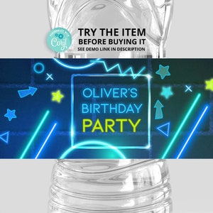 Editable Water Bottle Label Neon Birthday Let&#39;s Glow Party  • Video Game Party Water Bottle Sticker • Sleepover Birthday Decorations N23