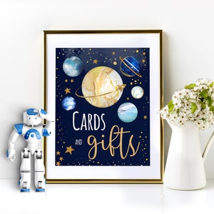 Cards and Gifts Sign Template | Space Party Gift Table Sign | Outer Space Birthday Sign | Blue Gold Galaxy Birthday Party Decorations SP60