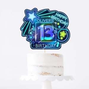 Neon Birthday Cake Topper Template Boys 13th Birthday Neon Personalized Cake Topper Digital Template Neon Birthday Party Decorations N44