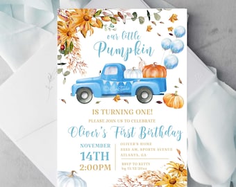 Editable Little Pumpkin Birthday Invitation Blue Pumpkin Truck Birthday Party Invitation Fall Birthday Invite 1st Birthday Boy Invite P279