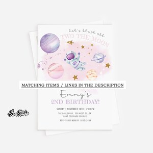 May include: A pink and purple birthday invitation with a cartoon astronaut floating in space. The invitation says "Let's blast off to the moon" and "Emmy's 2nd Birthday!" with details about the party.