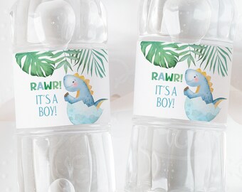 Etiqueta para botella de agua DIY con diseño de dinosaurio para baby shower. ¡Es un niño! Etiqueta para botella de dinosaurio bohemio con diseño de dinosaurio. Descarga instantánea para baby shower de parejas. DB9