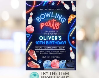 Glow Bowling Invitation Boy Birthday Let's Strike up some Fun Bowling Party Invite Editable Template Corjl BP1