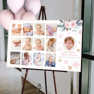 Panneau photo hiver Onederland jalon, panneau jalon 1er anniversaire hiver flocon de neige or rose premier anniversaire fille panneau jalon W287
