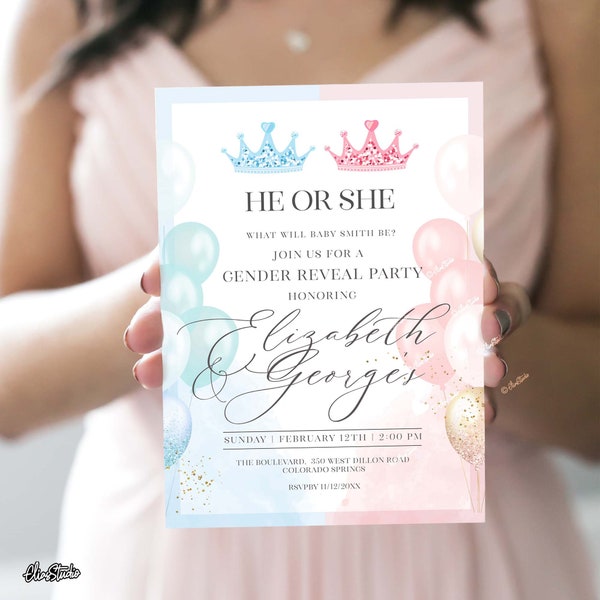 Prince or Princess Gender Reveal Invitation He or She Rose Blue Gender Reveal Invitation Baby Shower Boy or Girl Gender Reveal Party PR12