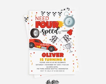 May include: A red and white birthday invitation for a boy turning four. The invitation features a red race car, chequered flags, a trophy, and a stopwatch. The text on the invitation reads "Need Four Speed" and "Oliver is turning 4".