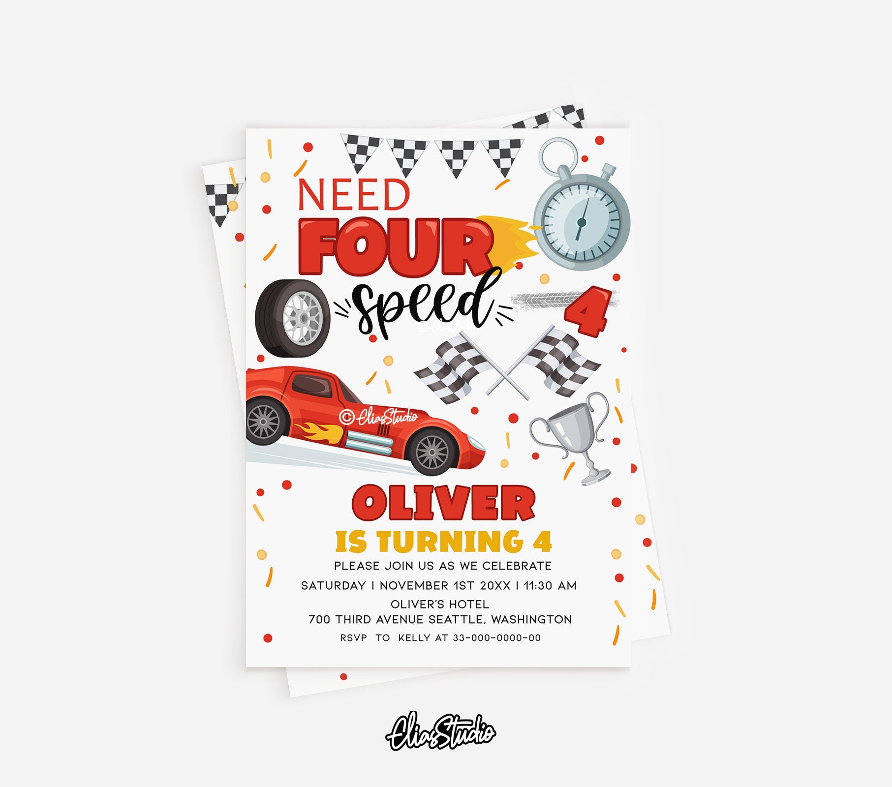 Invitación de cumpleaños de coche de carreras, Need Four Speed, invitación para el 4.º cumpleaños, tema de 4.º cumpleaños para niño, invitación de coche de carreras, fiesta de cumpleaños de carreras CA42