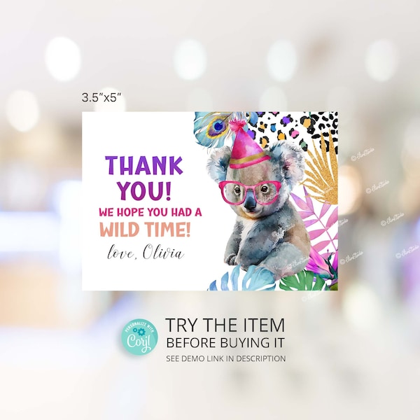 Calling all Party Animals Birthday Thank You Cards, Wild One Thank You Favors, Safari Animals Koala Birthday Thank You Template PA54
