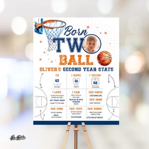 Könnte beinhalten: Ein Basketball-thematisches zweites Geburtstags-Meilenstein-Poster mit einem Foto eines Kindes. Das Poster zeigt einen Basketballkorb, einen Basketball und den Text "Born Two Ball". Es enthält auch das Alter, die Größe, das Gewicht, die Lieblingsdinge und Aktivitäten des Kindes.