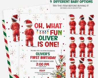 Puede incluir: Una invitación de primer cumpleaños con temática navideña con un fondo a rayas rojas y blancas. La invitación presenta una ilustración de dibujos animados de un bebé con un traje de Papá Noel y el texto "Oh, What Fun Oliver is One!" con una cadena de luces navideñas. La invitación también incluye la fecha y hora de la fiesta, la ubicación y la información de RSVP.