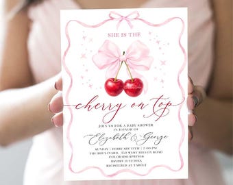 Cherry on Top Baby Shower Invitation Template, Pink Coquette Bow Invite, She Is The Cherry On Top Baby Shower Digital Download CR7
