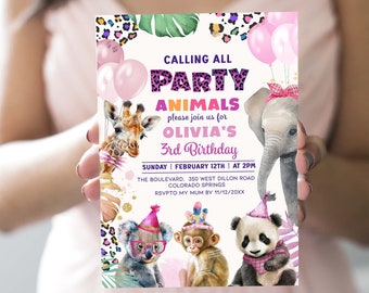 Calling all Party Animals Birthday Invitation Wild Animals Jungle Birthday Zoo Safari Animals Girl Birthday Pink Invite Template Corjl PA9
