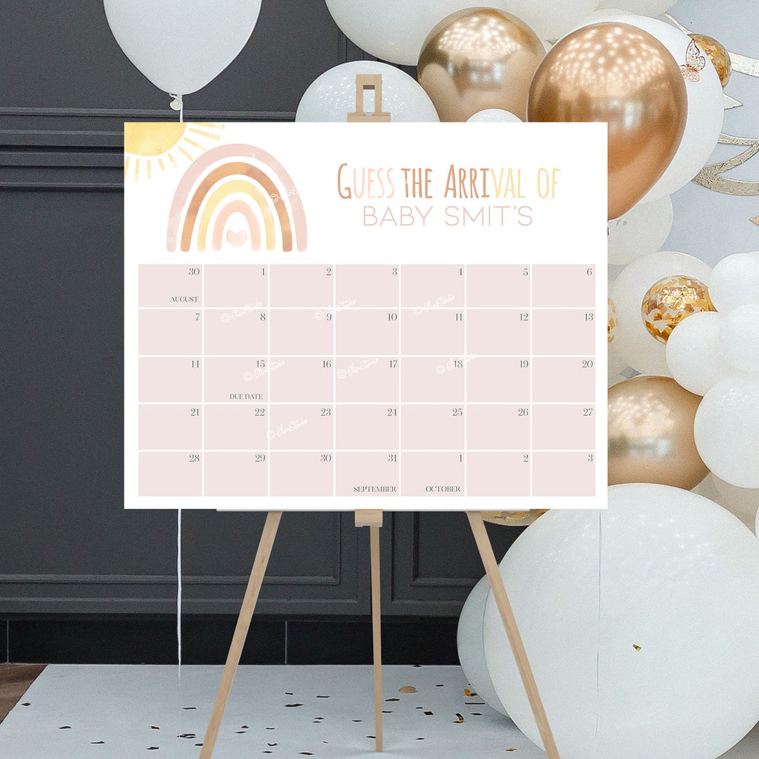 Editable Due Date Prediction Calendar Boho Pastel Rainbow Baby Shower Editable Due Date Prediction Calendar Boho Pastel Rainbow Baby Shower