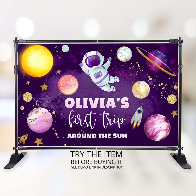 Editable Outer Space Backdrop Banner Personalized birthday banner First Trip Around the Sun Pink Gold Galaxy Girl Birthday