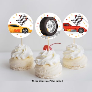Race Car Party Cupcake Toppers | Two Fast Two Curious Birthday Cupcake Toppers | Fast One Birthday Race Car Decorations CA25