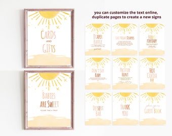 May include: A set of printable baby shower signs with a yellow sun and stars design. The signs include text such as "Cards and Gifts", "Babies are Sweet", "Diaper Raffle", "Late Night Diapers", "Books for Baby", "Don't Say Baby", "Pacifier Hunt", "Hot Cocoa Bar", "Dessert Bar", "Thank You", and "Guest Book".