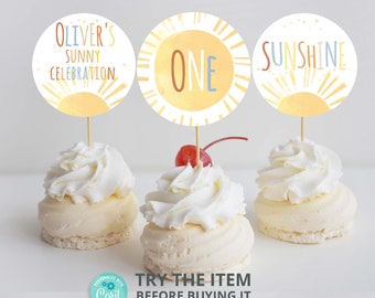 Editable Sunshine Birthday Cupcake Toppers | Trip Around the Sun Cupcake Toppers | Sunshine Birthday Boy decoration  Digital Template S30