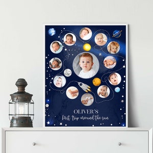 Photo First Birthday Milestone Sign Template First Trip Around the Sun Birthday Silver Collection Space Birthday Corjl Milestones Sign SP391