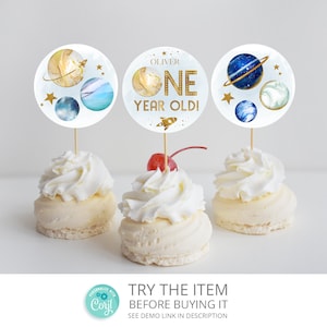 Planet Cupcake Toppers | First Trip Around the Sun Boy 1st Birthday Cupcake Toppers | Galaxy First Birthday Cupcake Toppers Digital SP83