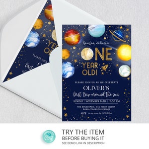 Editable Space Birthday Invitation First Trip Around The Sun | Space Birthday Party Invitation | Galaxy First Birthday Invite SP171