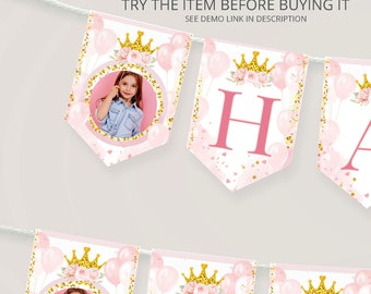 Bearbeitbar Rosa und Gold Prinzessin Geburtstag Bunting Banner Boho Prinzessin Party Dekoration alles Gute zum Geburtstag Bunting Banner sofort Download PR25