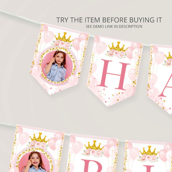 Editable Pink and Gold Princess Birthday Bunting Banner Boho Princess Party Decoration Happy Birthday Bunting Banner instant Download PR25