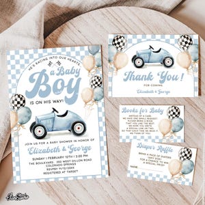 Racing Car Baby Shower Invitation Set: Vintage Blue Racecar (digital ...