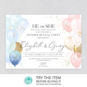 Gender Reveal Invitation with Balloons | Rose Gold and Navy Gender Reveal Invitations Template | Gender Reveal Ideas /991