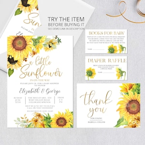 Editable Sunflower Baby Shower Invitation Bundle, Girl Rustic Sunflower Baby Shower Invite Set, Boho Sunflower Baby Shower Invite SR62