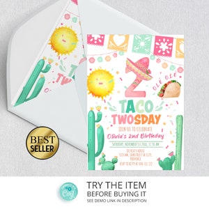 Fiesta 2 Geburtstag Einladung Vorlage | Taco TWOsday Fiesta Geburtstagseinladung 2.Geburtstag Mexikanische Tacos Mädchen Kaktus F6
