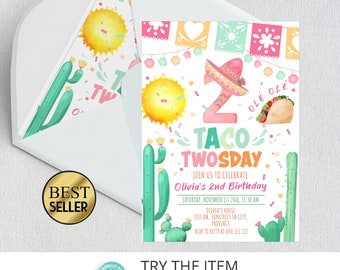 Fiesta 2nd Birthday Invitation Template | Taco TWOsday Fiesta Birthday Invite Second Birthday Mexican Tacos Girl Cactus F6